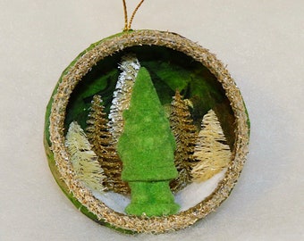 Flocked Garden Gnome Christmas Ornament: Sisal Tree Diorama