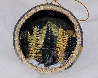 Handmade Black Dragon Christmas Ornament: Gothic Diorama