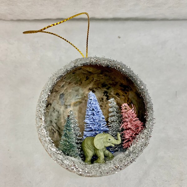 Handmade Elephant Ornament, baby elephant Ornament, Christmas Diorama, Diorama ornament, Elephant Diorama, unique holiday ornament