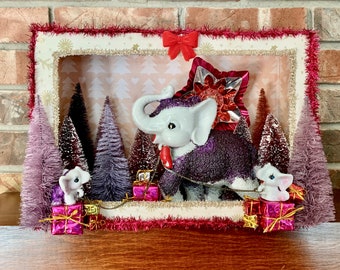 Kitsch Christmas Elephant Diorama: Vintage Holiday Shadow Box