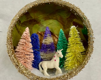 Handmade Unicorn Christmas Ornament: Glittered Diorama
