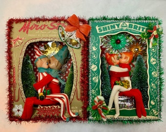 Vintage Christmas Elf Diorama: Kitsch Shiny Brite Shadowbox