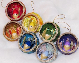 Handmade Gnome Diorama Ornament: Marbled Paper Christmas Decor