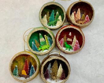 Handmade Dinosaur Diorama Ornament: Snowy Christmas Tree Dino Set