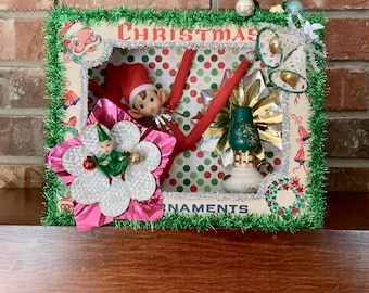 Vintage Christmas Elf Shadow Box: Kitsch Holiday Diorama