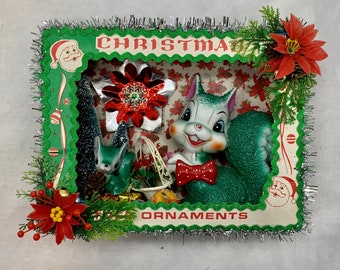 Vintage Christmas Shadow Box: Kitsch Squirrel Diorama