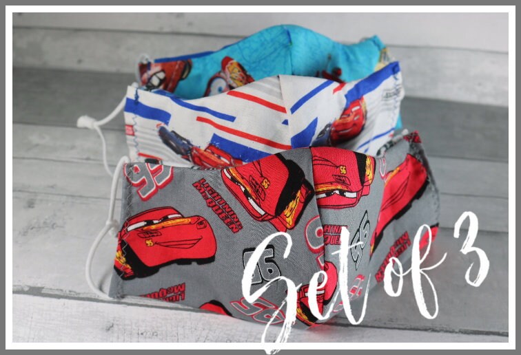 Kids Face Mask Set of 3 DISNEY CARS Lightening McQueen Adjustable Ela…