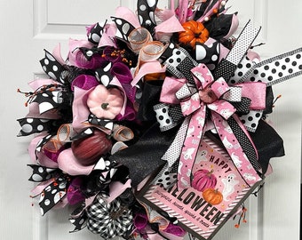 Pink Halloween Pumpkin Wreath for front door, Pink Halloween Pumpkin Decor, Halloween Wall Decor, PInk Pumpkin with Ghosts Halloween Wreath