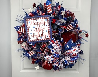 Patriotic 4th of July Wreath, Happy 4th of July Gem Wreath, Red White and Blue Door Decor, Independence Day Wreath, Handmade Summer Wreath