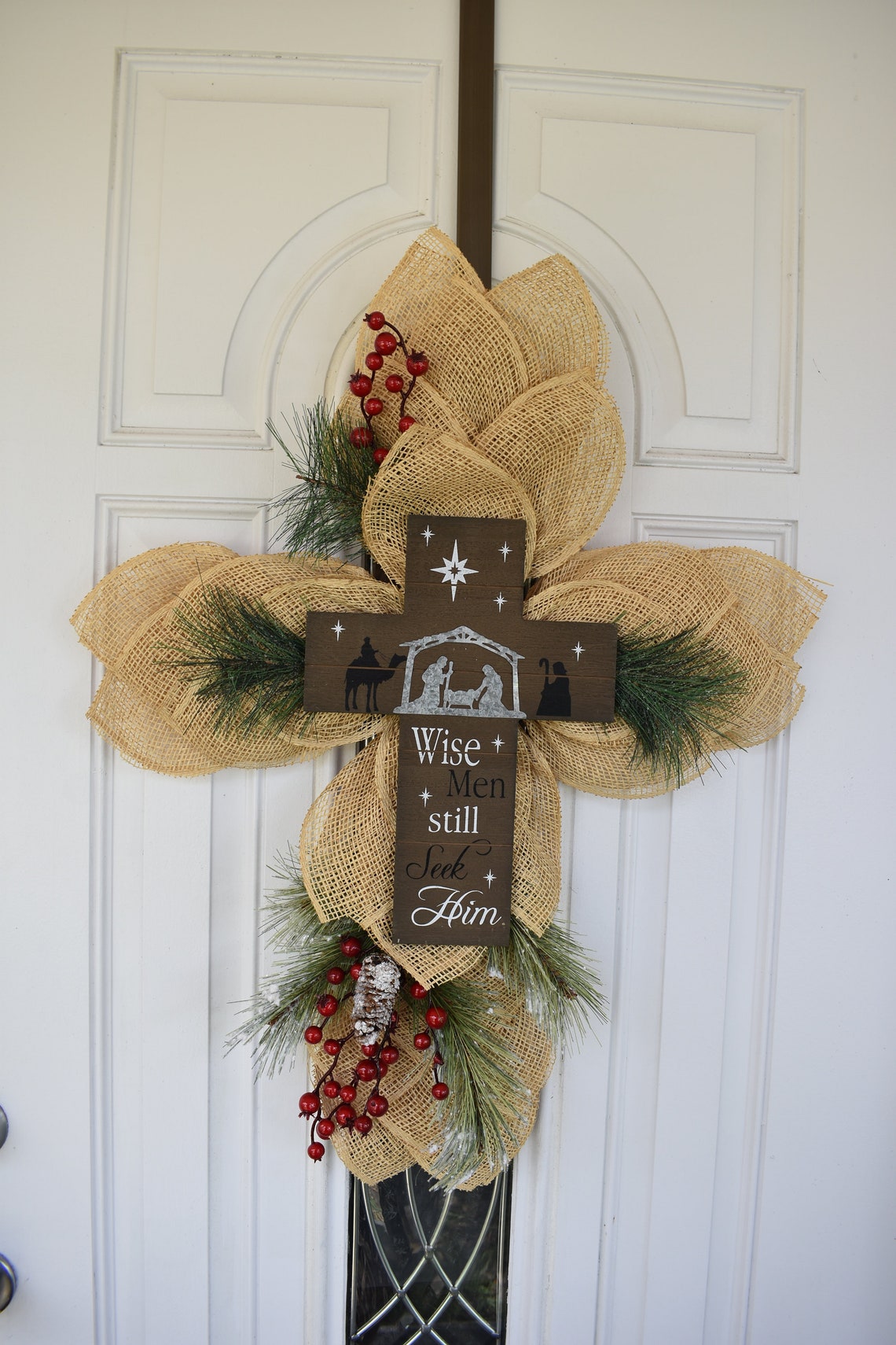 Christmas Cross Wreath Religious Christmas Wreath Cross Door Etsy