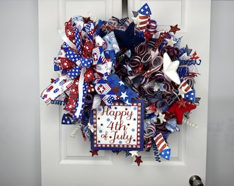 Patriotic 4th of July Wreath, Happy 4th of July Stars Wreath, Red White and Blue Door Decor, Independence Day Wreath, Handmade Summer Wreath