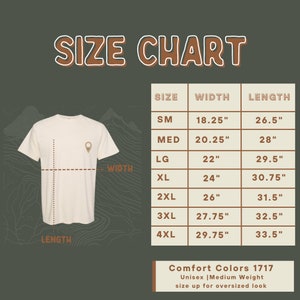 K&ouml;nnte beinhalten: Cremefarbenes T-Shirt mit kleiner Grafik und Gr&ouml;&szlig;entabelle. Die Tabelle listet die Gr&ouml;&szlig;en SM bis 4XL mit Breiten- und L&auml;ngenma&szlig;en in Zoll auf. Der Text "Comfort Colors 1717" ist ebenfalls sichtbar.