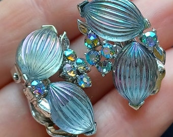 Boucles D'oreilles Vintage Strass Violet - Ton Doré Effet Aurore Boréale - Modèle 11h 109