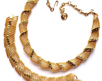 Vintage 1950s-1960s Lisner Goldtone Necklace and Bracelet Light Green Rhinestone Set