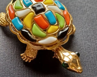 Spilla Trifari goldtone tartaruga mosaico multicolore vintage '60