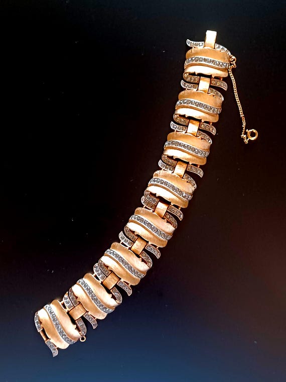 Bracciale Trifari goldtone e strass elegante tema foglie vintage anni '50