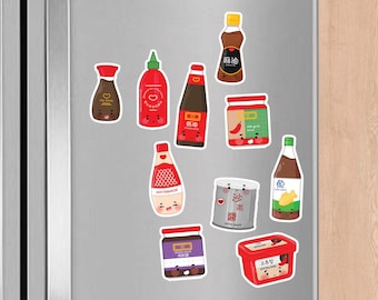 Asian Sauces Magnets | cute kawaii kitchen fridge magnets, soy chili oyster sriracha sesame oil satay hoisin gochujang fish mayo, magnet set