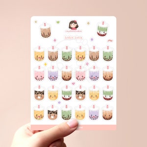 Boba Time Sticker Sheet | planner stickers, bullet journal bujo, kawaii sticker sheet, cute illustrated bubble tea, boba sticker sheet, bbt