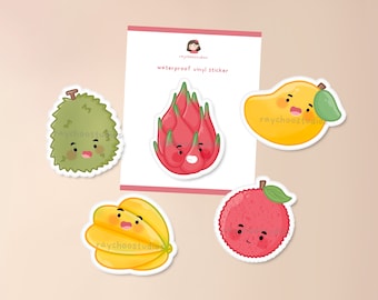 Asian Fruits (Half) Sticker Pack | waterproof sticker flakes, cute diecut vinyl sticker, dragon fruit, durian, mango, lychee, starfruit