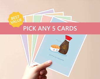 Pick Any 5 Greeting Card Pack | punny food card, asian food card, kawaii asian inspired card, kawaii stationary, punny food card, cute