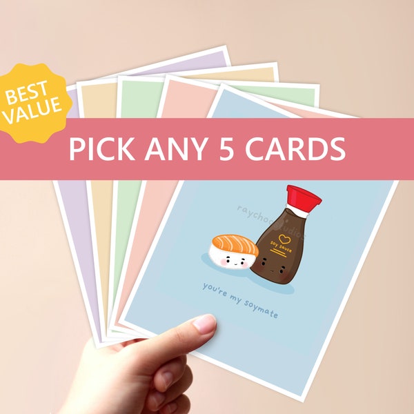 Pick Any 5 Greeting Card Pack | punny food card, asian food card, kawaii asian inspired card, kawaii stationary, punny food card, cute