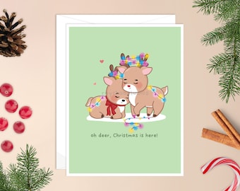 Oh Deer, Christmas is Here Karte | Rentier Weihnachtskarte, kawaii Rentier, süßes Rentier, süße Weihnachtskarte, süße Weihnachtskarte, Rudolph