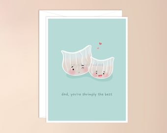 Dad You're Shrimply the Best Greeting Card | cute kawaii asian food pun card, fathers day, card for fathers day, card for dad, dad joke gift