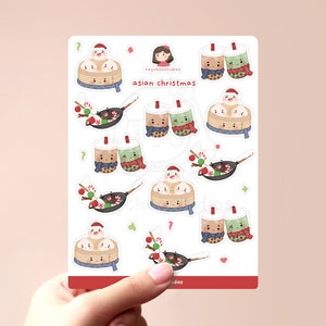 Feuille d'autocollants de Noël asiatique | autocollants de noël illustrés, jolie feuille d'autocollants de cuisine asiatique, feuille d'autocollants de vacances, autocollant de noël festif