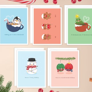 Ensemble de cartes de Noël assorties | joli paquet de cartes de Noël, lot de cartes de Noël amusantes, cartes kawaii pour les vacances punny, jolies cartes de Noël