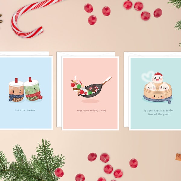 Ensemble de cartes de Noël assorties | joli paquet de cartes de Noël, lot de cartes de Noël amusantes, cartes kawaii pour les vacances punny, jolies cartes de Noël