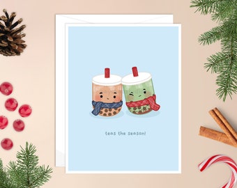 Teas the Season Christmas Card | asian Christmas card, kawaii boba, cute boba pun, cute holiday card, cute Christmas card, bubble tea card