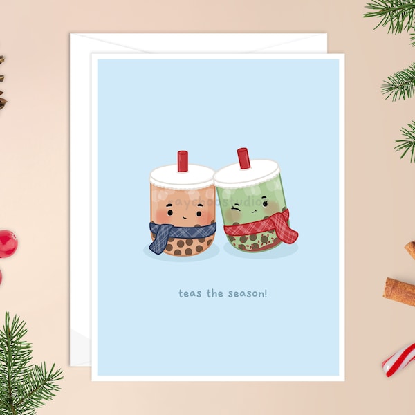 Teas the Season Christmas Card | asian Christmas card, kawaii boba, cute boba pun, cute holiday card, cute Christmas card, bubble tea card