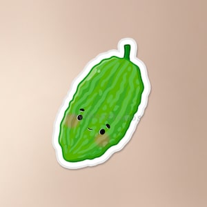 Op de afbeelding: Een groene en bruine cartoon bittermeloen met een schattig gezicht. De meloen heeft een hobbelige textuur en is peer-vormig.