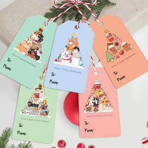Peut inclure: Cinq étiquettes cadeaux de Noël colorées sur le thème des fêtes. Chaque étiquette présente un arbre de Noël à thème animal différent avec le texte "have a meowy howl-iday!" "have a furry Christmas!" "have a sweet Christmas!" "have a paw-some holiday!" et "have a meowy cat-mas".