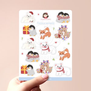 Feuille d'autocollants de Noël animaux festifs | autocollants de noël illustrés, jolie feuille d'autocollants de noël, feuille d'autocollants de vacances, autocollants de noël