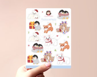 Festive Animals Christmas Sticker Sheet | illustrated christmas stickers, cute christmas sticker sheet, holiday sticker sheet, xmas stickers