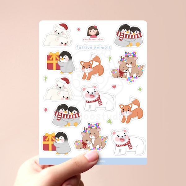 Festive Animals Christmas Sticker Sheet | illustrated christmas stickers, cute christmas sticker sheet, holiday sticker sheet, xmas stickers
