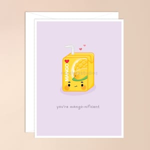 Vous êtes gourmand en mangue carte de vœux | jolie carte d'inspiration asiatique, jeu de mots asiatique, jeu de mots asiatique, carte de boisson asiatique drôle, kawaii, boisson au jus de mangue