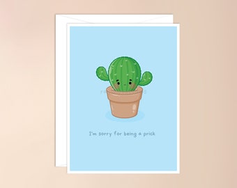 I'm Sorry for Being a Prick Card | cute I'm sorry card, funny sorry card, cute apology card, forgiveness card, punny sorry card, cactus card