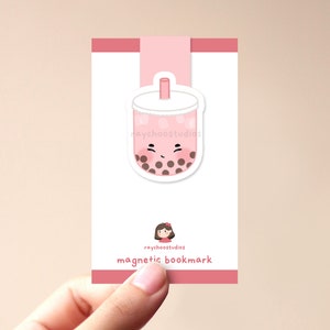 Strawberry Milk Boba Tea Magnetic Bookmark | cute asian food, kawaii bubble tea, cute book mark, gift for book lovers, aesthetic bookmark