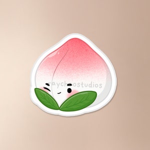 May include: A cartoon peach with a cute face and green leaves. The peach is peach-coloured with a white outline and is drawn in a cartoon style.