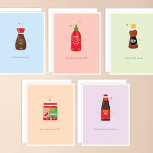 Sauces asiatiques 1 paquet de cartes de vœux | nourriture punny, asiatique, kawaii asiatique inspiré, kawaii stationnaire, nourriture punny, papeterie mignonne adorable coréen