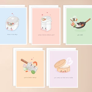 Pack de cartes de vœux pour appareils de cuisine asiatiques | nourriture punny, asiatique, kawaii asiatique inspiré, kawaii stationnaire, nourriture punny, jolie papeterie kawaii