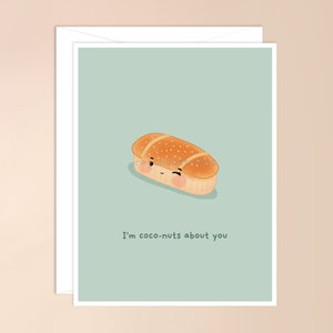 Je suis noix de coco à propos de vous carte de vœux | carte de jeu de mots de cuisine asiatique kawaii, petit pain cocktail, boulangerie chinoise, punny, mignonne, la saint valentin, longue distance