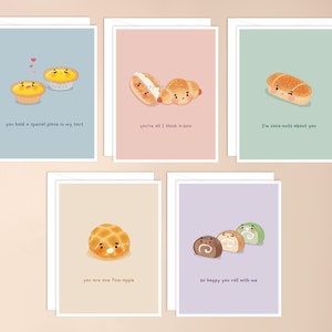 Pack de cartes de vœux Boulangerie asiatique Pun | nourriture punny, tarte aux oeufs chinois, stationnaire kawaii, pain bun bao, anniversaire d'amour mariage longue distance