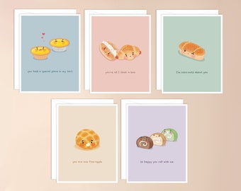 Pack de cartes de vœux Boulangerie asiatique Pun | nourriture punny, tarte aux oeufs chinois, stationnaire kawaii, pain bun bao, anniversaire d'amour mariage longue distance