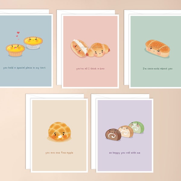 Asian Bakery Pun Greeting Card Pack / punny food, torta all'uovo cinese, cancelleria kawaii, pane bun bao, amore anniversario matrimonio lunga distanza