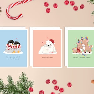 Ensemble de cartes de Noël assorties | joli paquet de cartes de Noël, lot de cartes de Noël amusantes, cartes kawaii pour les vacances punny, jolies cartes de Noël