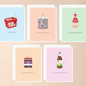 Lot de cartes de vœux sauces asiatiques 2 | nourriture punny, asiatique, kawaii asiatique inspiré, kawaii stationnaire, nourriture punny, papeterie mignonne adorable coréen