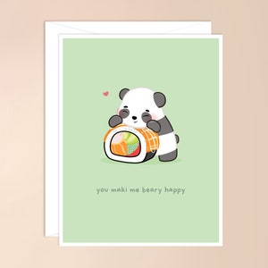 Vous Maki Me Beary Happy Carte De Vœux | jolie carte de nourriture asiatique, carte de maki, jeu de mots mignon de carte de panda, carte de jeu de mots de sushi, carte mignonne de jour de valentines